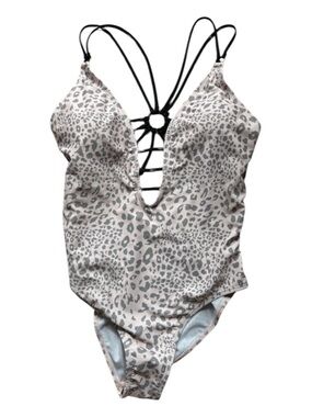 Go Coco NWT Leopard Print One Piece Swimsuit Strappy Plunge Neck Bathing Suit